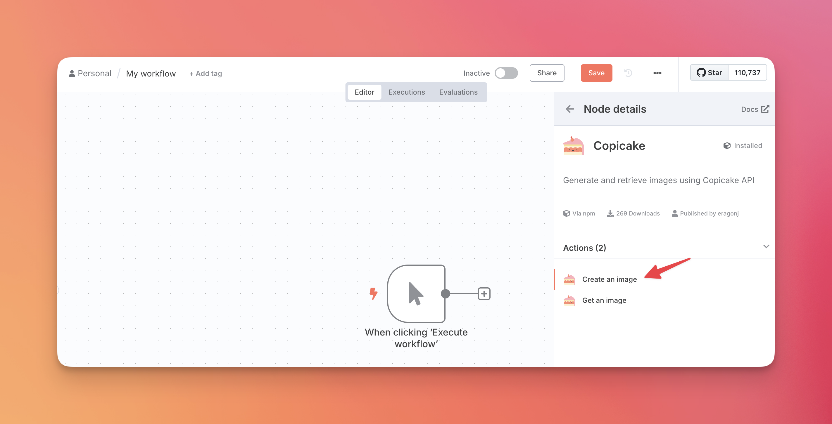 Add Copicake node to workflow
